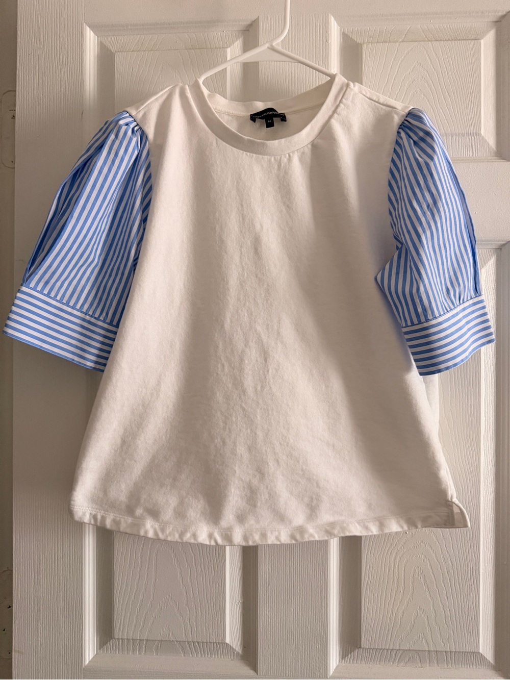 Emporio Armani White Tee with Blue Striped Puff Sleeves